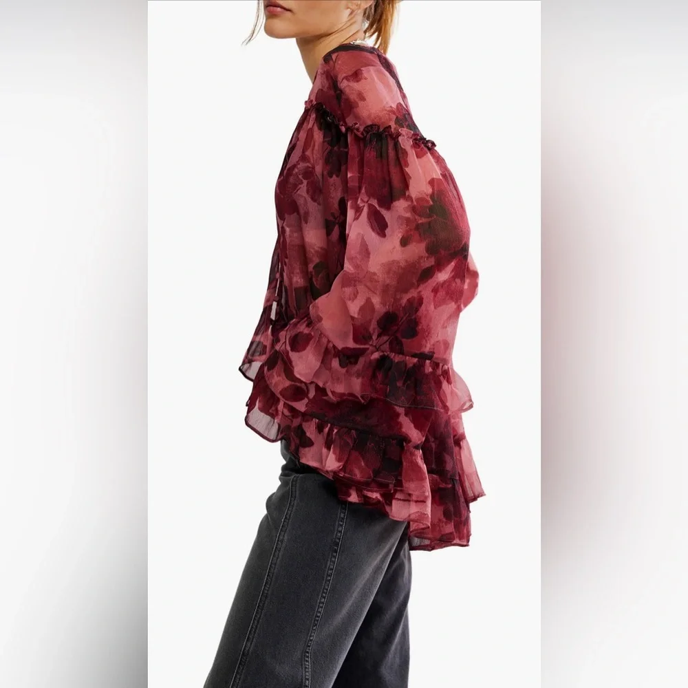 Free People Floral Sheer Blouse in Red and Black - Picture 3 of 3